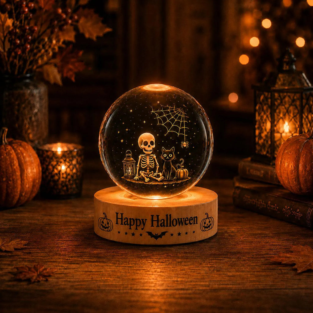 Halloween Crystal Ball LED Night Light, Spooky Skeleton Cat Decor Lamp, Festive Fall Home Decoration Gift for Halloween. LEDPETAL26