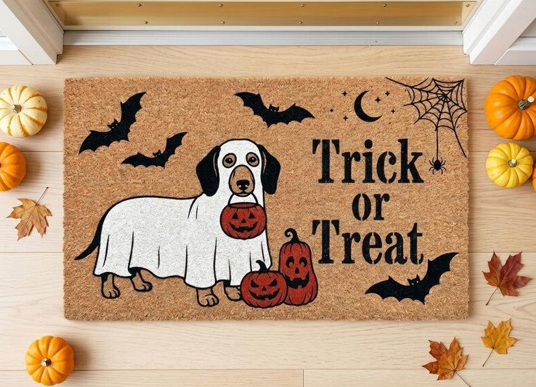 Halloween Dog Doormat, Trick or Treat Welcome Mat, Funny Ghost Dog Porch Decor, Pumpkin Front Door Rug, Spooky Housewarming Gift. DMPETAL4