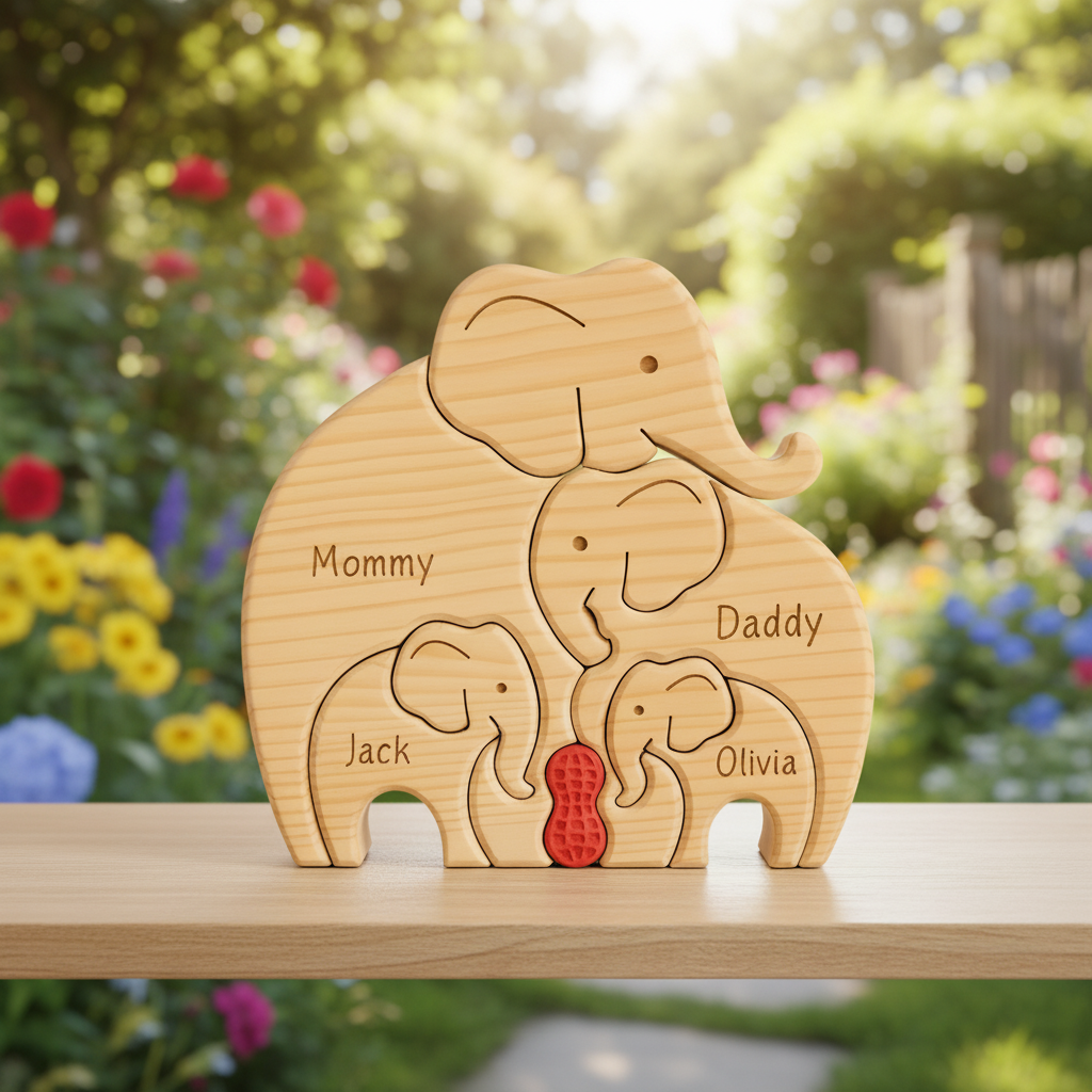 Personalized Wooden Elephant Family Decor, Custom Name Carved Wood Sign, Family Gift with Red Heart, Home Shelf Decor