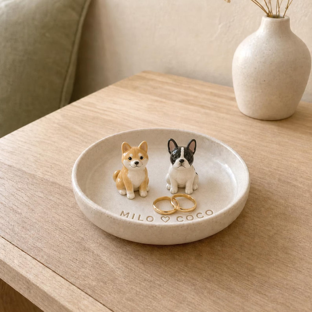 Personalized Ceramic Pet Ring Dish, Hand-Carved Dog Jewelry Tray, Pet Memorial Gift. CPPETAL01