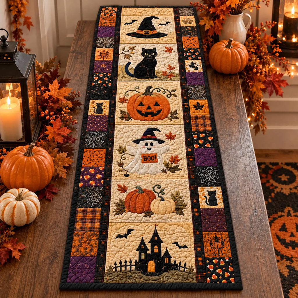 Halloween Quilted Table Runner, Fall Autumn Patchwork Decor, Pumpkin Witch Owl Print.QTRPETAL17
