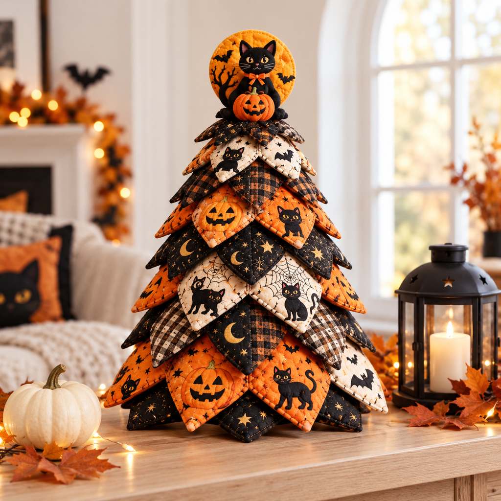 Handmade DIY Quilted Halloween Fabric Tree with Black Cat & Pumpkin Topper, Spooky Tabletop Fall Decor – QCTPETAL19