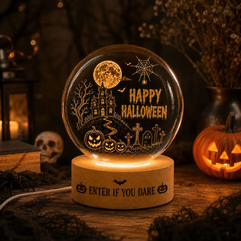Halloween Crystal Ball LED Night Light, Spooky Haunted House Moon Scene Glass Sphere Lamp, Gothic Autumn Decor Gift. LEDPETAL9