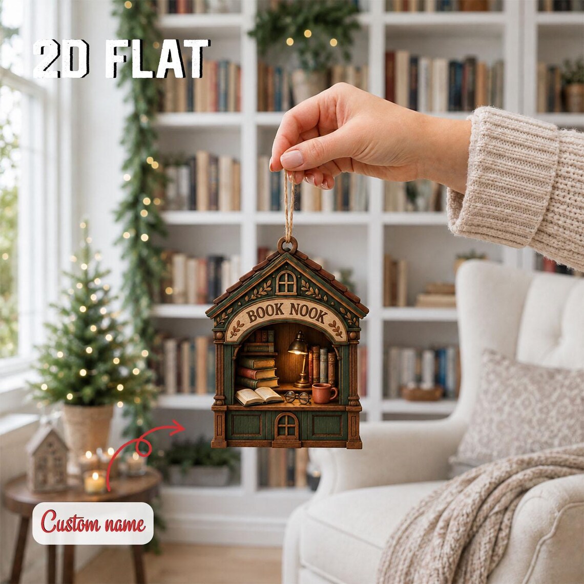 Personalized Book Nook Christmas Ornament, Custom Name Wooden Keepsake, Book Lover Gift, Librarian Reader Holiday Decor 2026	COPETAL49