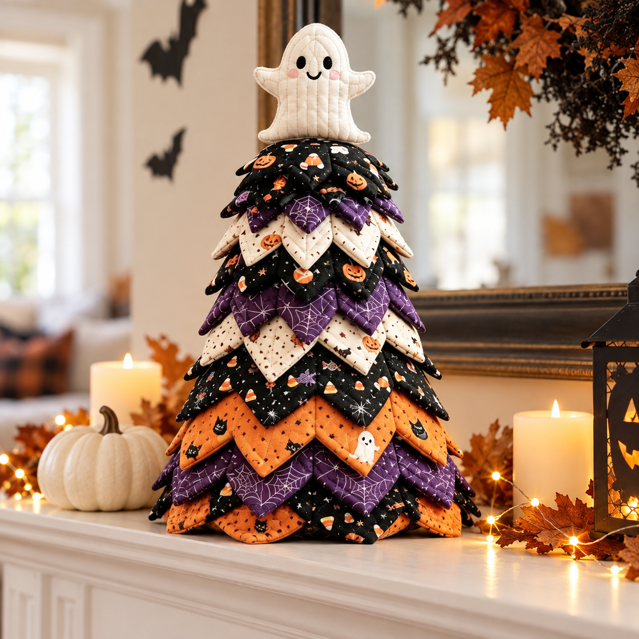 Handmade DIY Halloween Quilted Fabric Tree with Cute Ghost Topper, Spooky Pumpkin Tabletop Decoration - QCTPETAL16