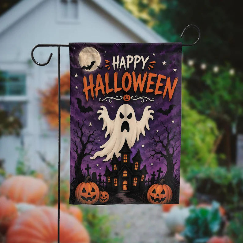 Happy Halloween Garden Flag, Ghost Halloween Flag, Spooky Pumpkin Yard Decor, Haunted House Flag, Fall Outdoor Decor. HLWGFPETAL19