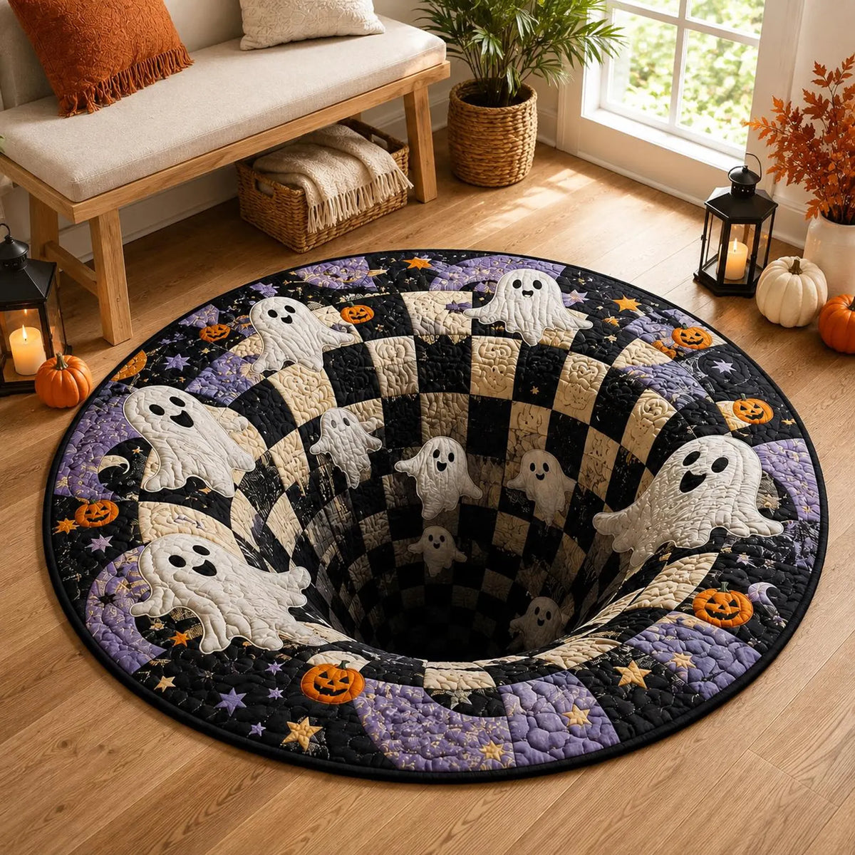 3D Illusion Skull Vortex Round Rug, Halloween Horror Skeleton Carpet, Non Slip Floor Mat, Living Room Bedroom Decor, Spooky Gift,3D Skeleton. QRPETAL19