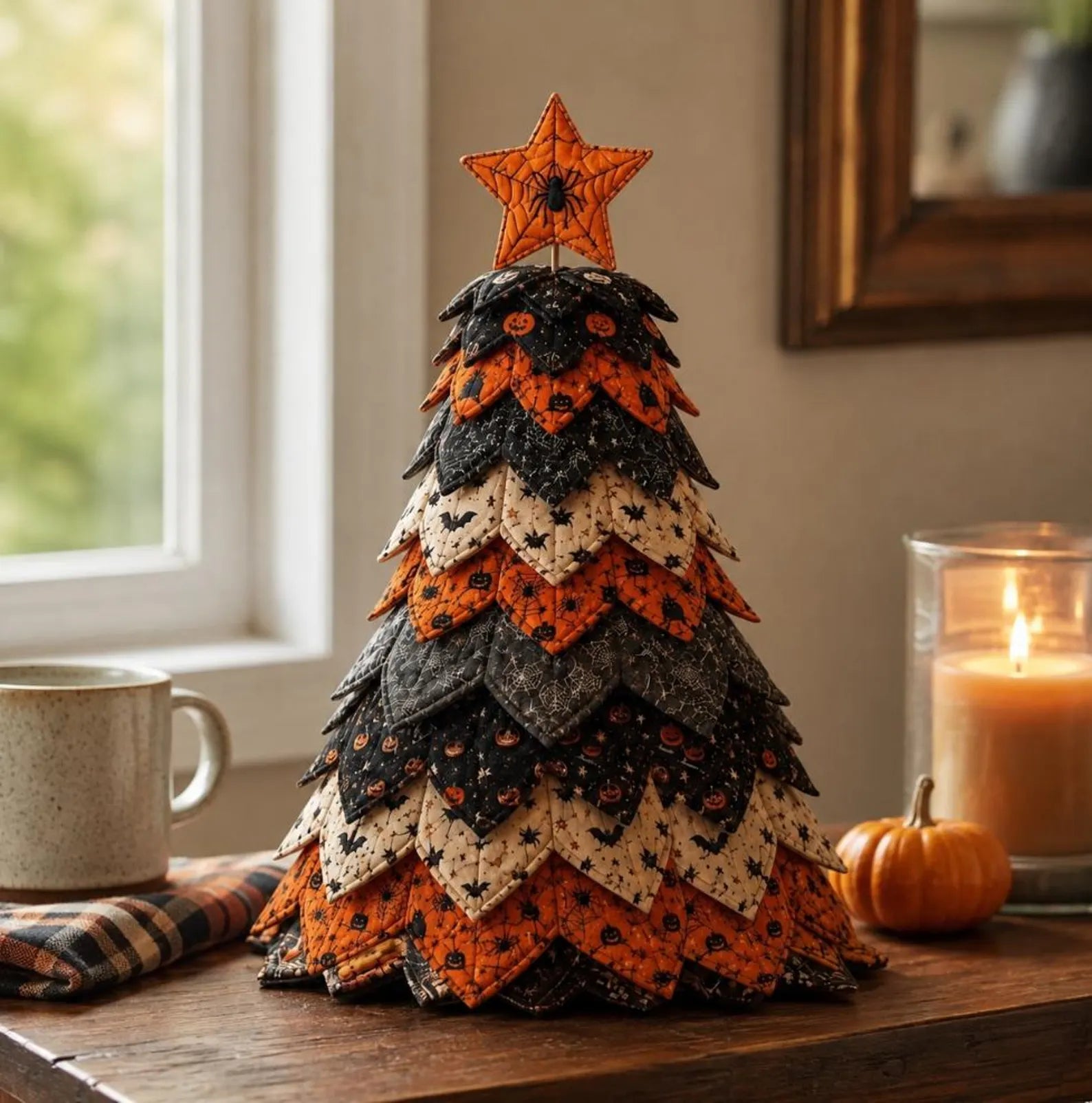 Halloween Star Quilted Fabric Tree Tabletop Decoration, Handmade Pumpkin Bat & Spider Spooky Fall Home Decor QCTPETAL05