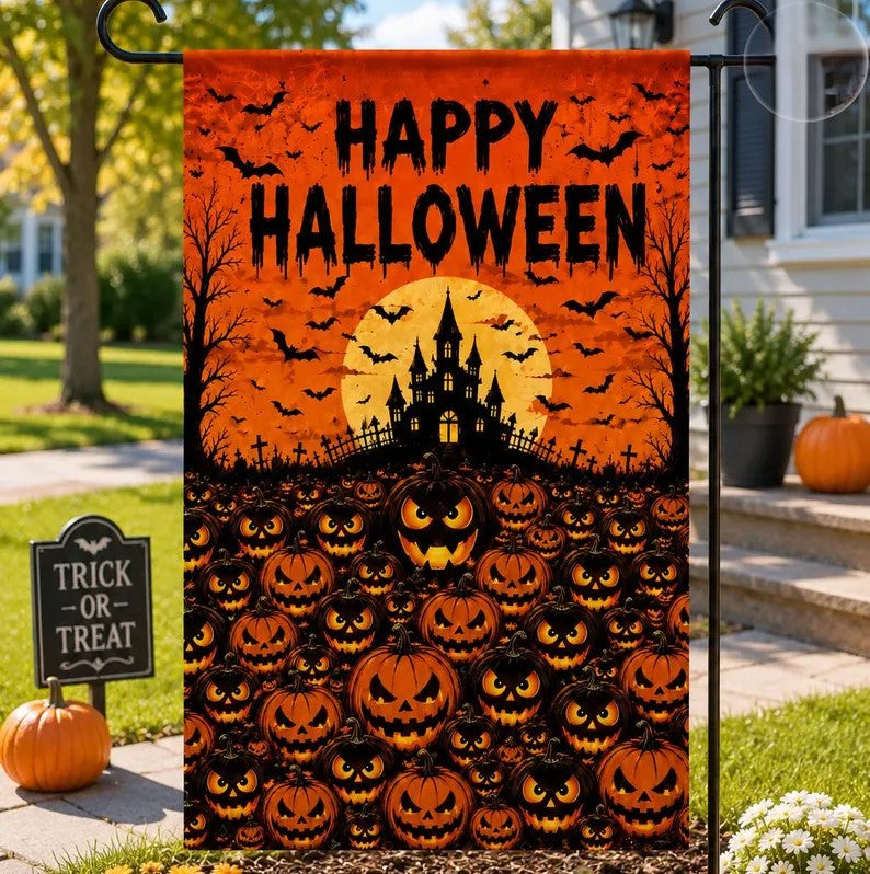Happy Halloween Garden Flag, Spooky Pumpkin Yard Flag, Haunted House Outdoor Decor, Jack O Lantern Fall Garden Banner, Halloween Porch Decor. HLWGFPETAL10