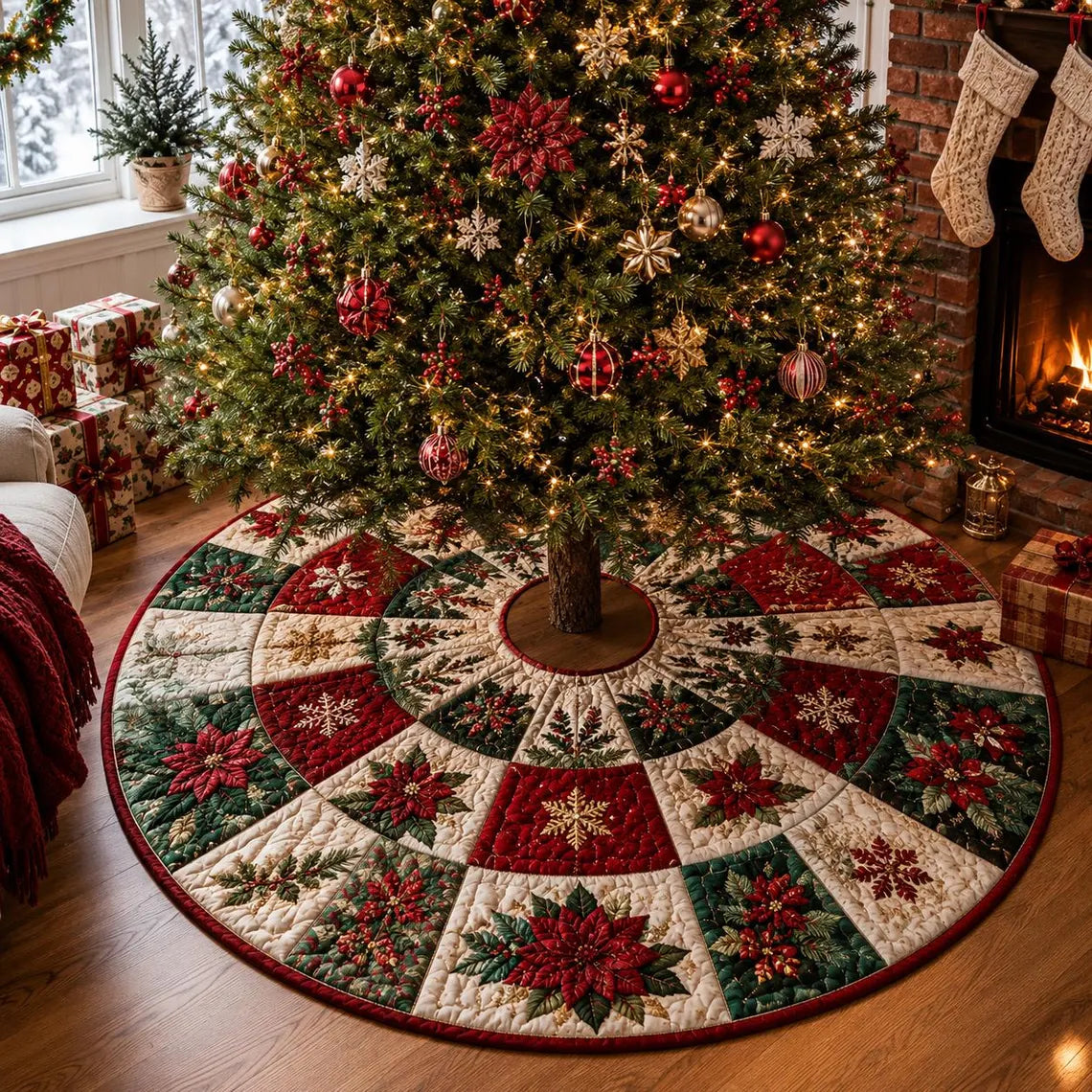 Christmas Tree Skirt, Quilt Style Snowflake Tree Mat, Xmas Holiday Decor, Traditional Farmhouse Christmas Decor. CTSPETAL18