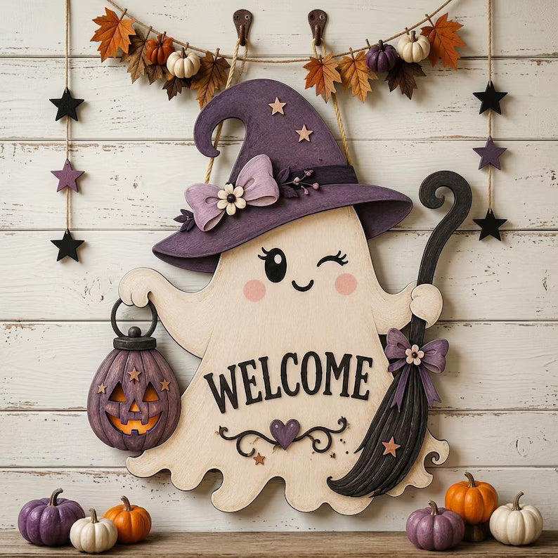 Cute Ghost Welcome Door Hanger, Halloween Wooden Door Sign, Spooky Ghost Decor with Witch Hat, Front Porch Halloween Decoration. HLWDHPETAL15