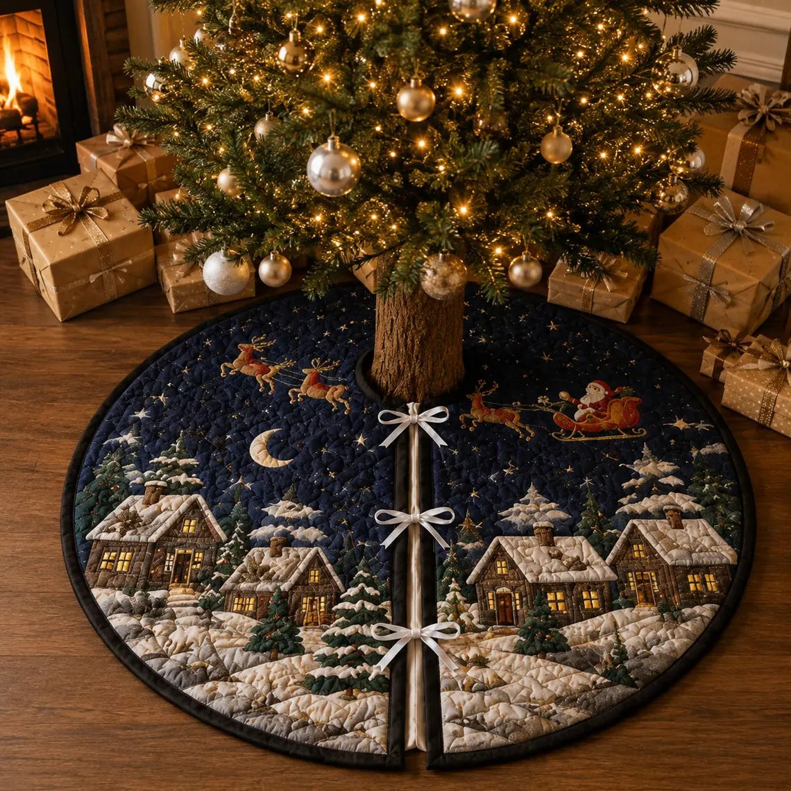 Christmas Village Tree Skirt, Quilted Snowy Cottage Holiday Tree Mat, Santa Sleigh Night Sky Farmhouse Christmas Decor Gift. CTSPETAL05