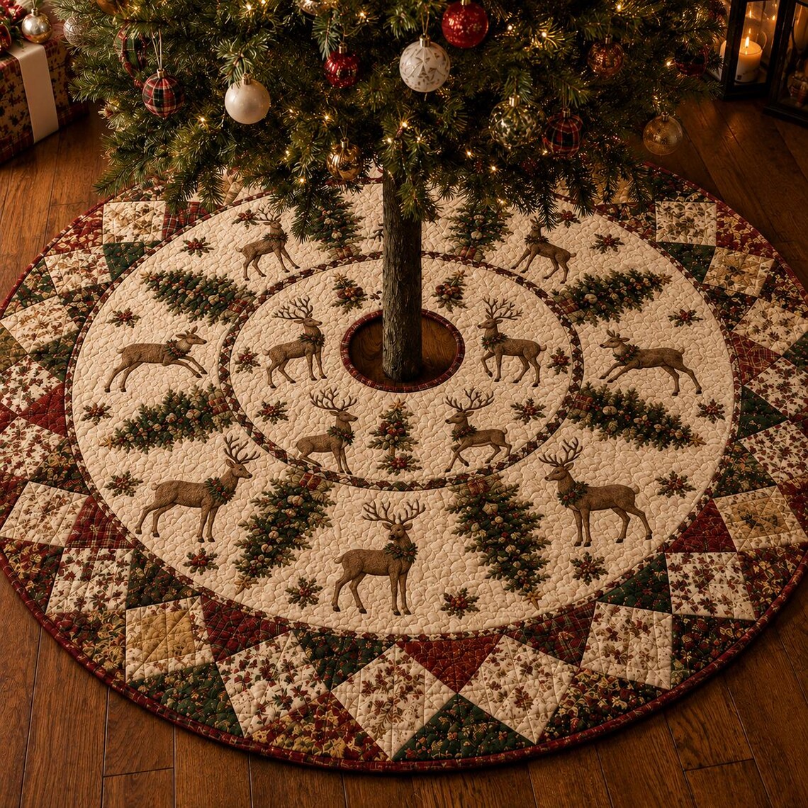 Reindeer Christmas Tree Skirt, Quilt Style Woodland Holiday Tree Mat, Deer and Pine Tree Decor, Rustic Farmhouse Christmas Decor. CTSPETAL01