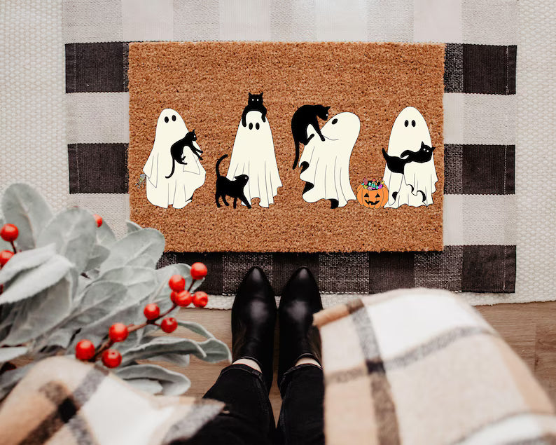 Ghost and Black Cat Doormat, Quirky Coir Entry Rug, Halloween Porch Mat. Halloween Doormat Baby Boo Decor Outdoor. DMPETAL2