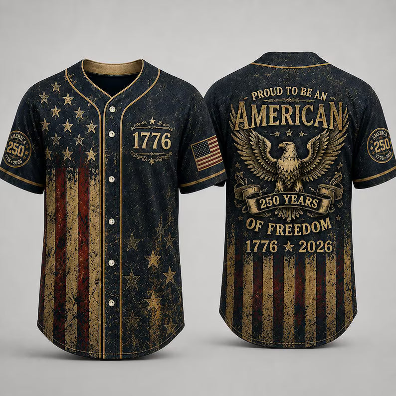 USA 250th Anniversary Baseball Jersey, 1776 Patriotic American Flag Button Shirt, Proud To Be American Freedom Baseball Jersey. BJPETAL05