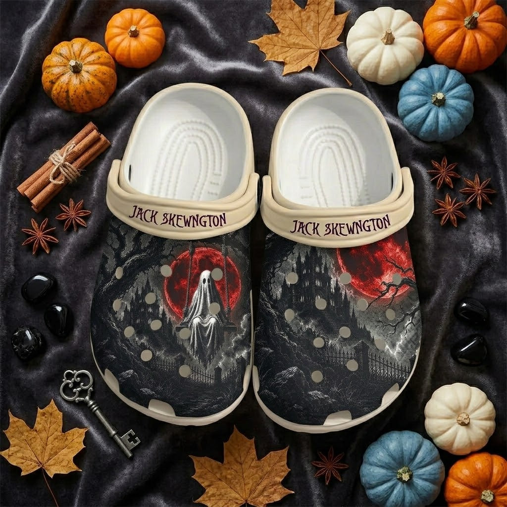Personalized Dark Ghost Halloween Clogs – Red Moon Haunted Castle Shoes. Happy Halloween Ghost Pumpkin. CLPETAL10