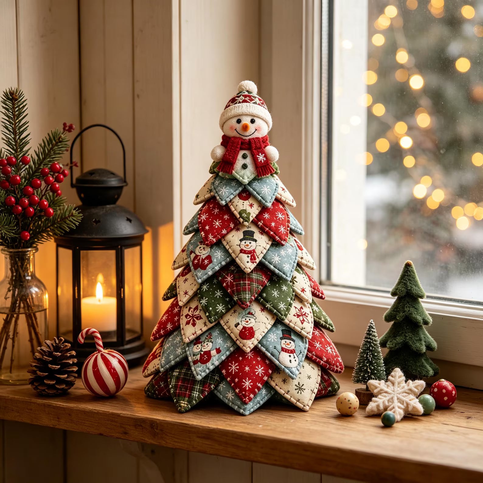 Christmas Snowman Quilted Fabric Tree Tabletop Decoration, Handmade Winter Holiday Patchwork Home Decor QCTPETAL15