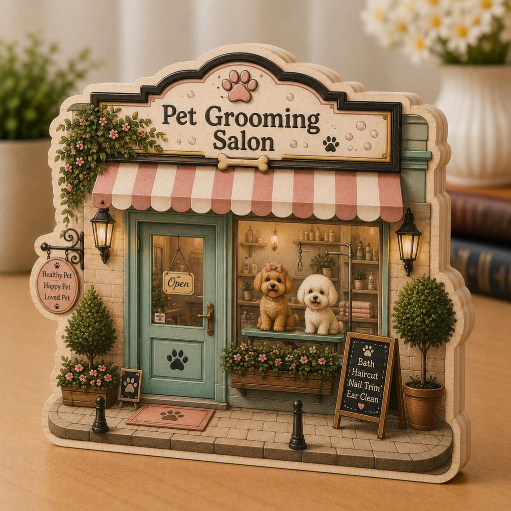 Personalized Pet Grooming Salon Wooden Block, 2D Flat Custom Groomer Wooden Block Shop Decor, Pet Groomer Gift, Pet Lover Gift. WBPETAL18