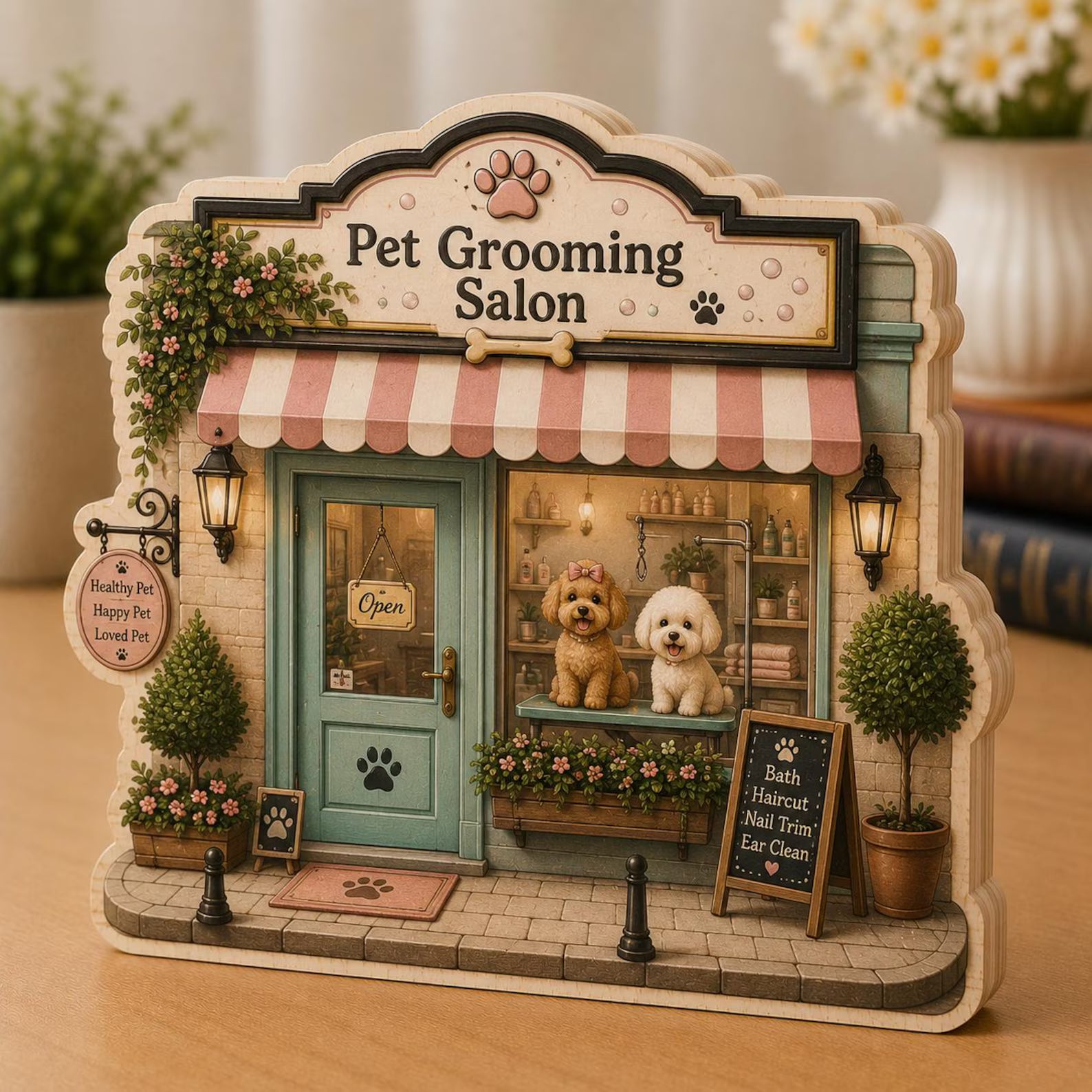 Personalized Pet Grooming Salon Wooden Block, 2D Flat Custom Groomer Wooden Block Shop Decor, Pet Groomer Gift, Pet Lover Gift. WBPETAL18