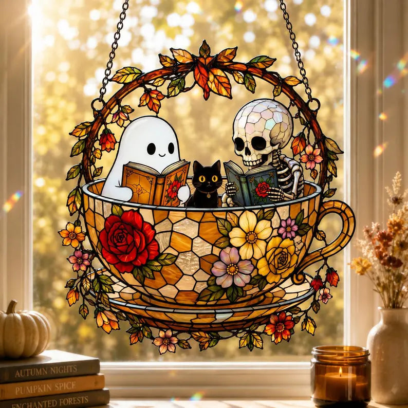 Skeleton Ghost Reading Book Acrylic Suncatcher, Black Cat in Teacup, Books Lover Gift. HSPETAL10