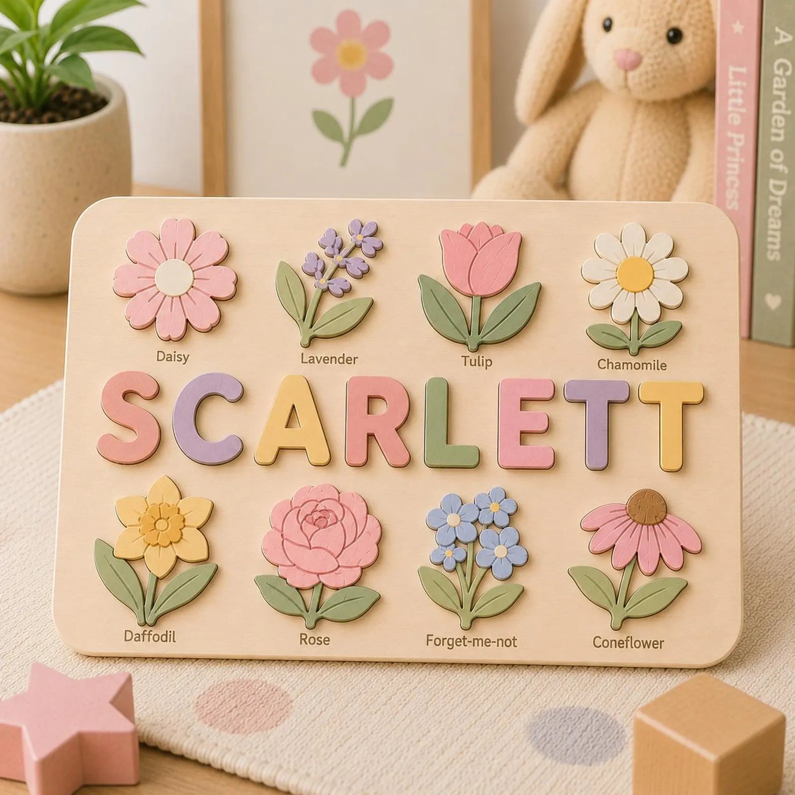 Personalized Flower Name Puzzle, Floral Wooden Name Puzzle for Girls, Custom Montessori Name Board, Botanical Toddler Puzzle. NPPETAL25