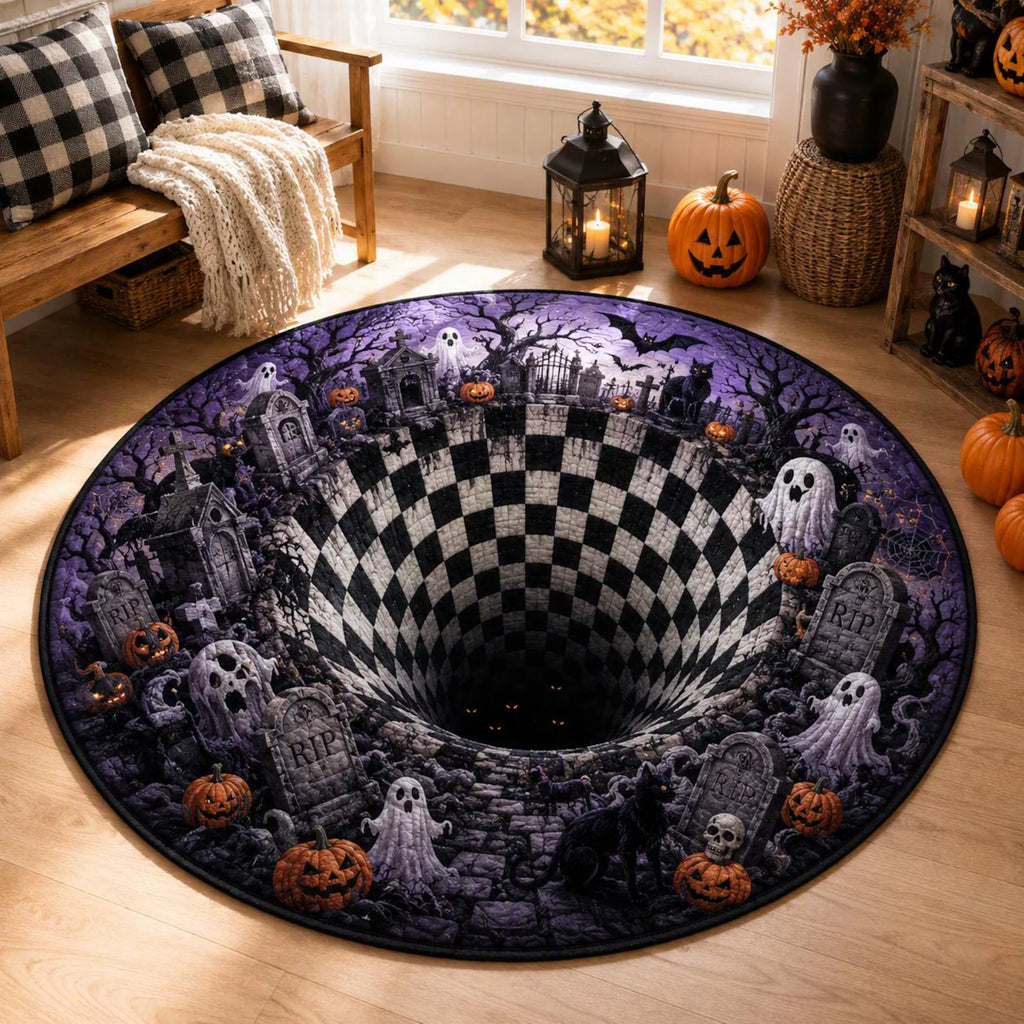 Halloween Quilted Rug, Spooky Graveyard Round Rug, 3D Illusion Floor Decor, Ghost Pumpkin Rug, Gothic Halloween Home Decor, Horror Gift. QRPETAL35