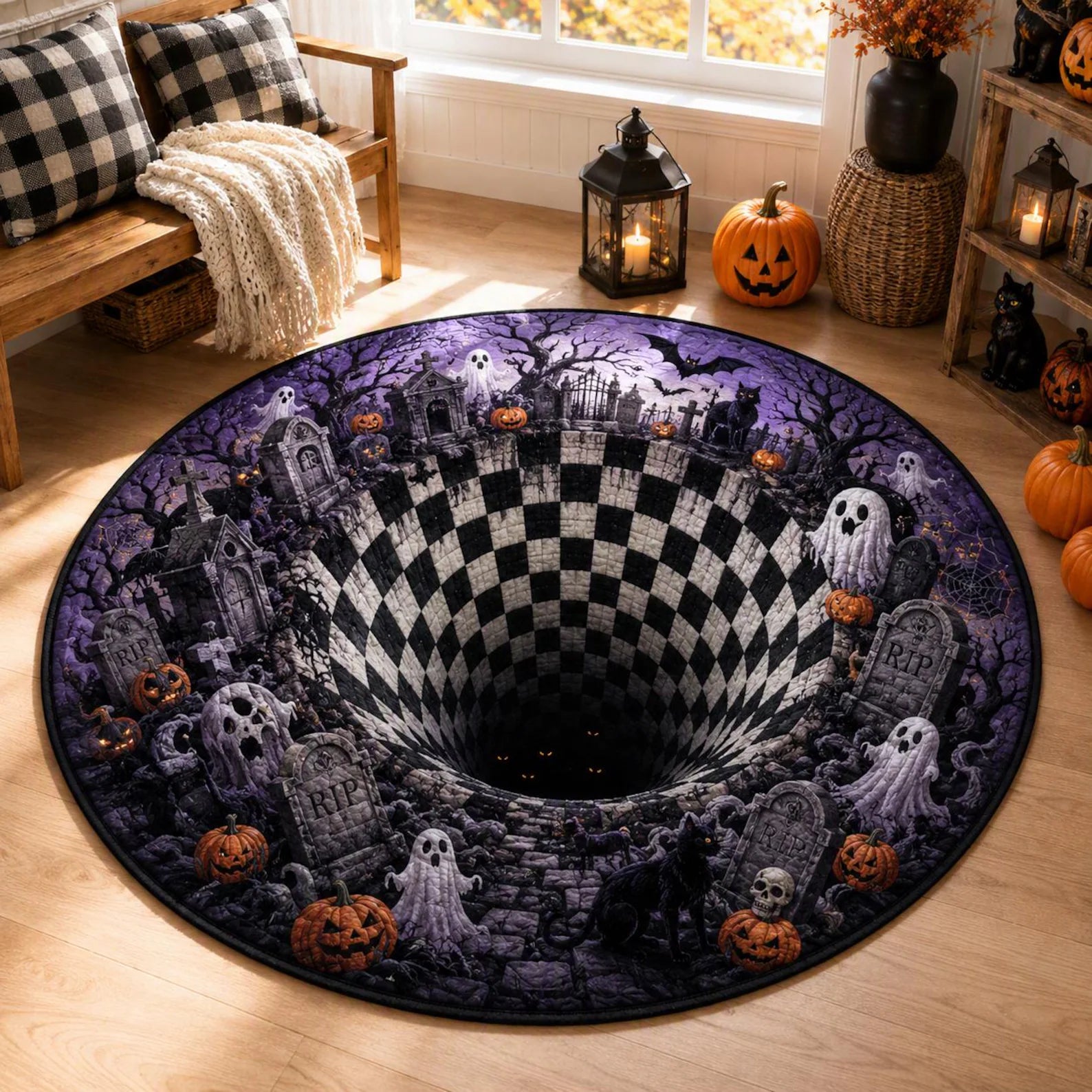 Halloween Quilted Rug, Spooky Graveyard Round Rug, 3D Illusion Floor Decor, Ghost Pumpkin Rug, Gothic Halloween Home Decor, Horror Gift. QRPETAL35