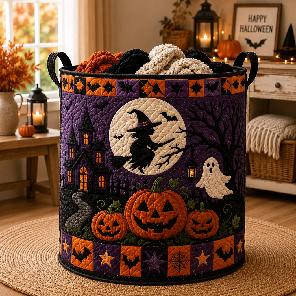 Halloween Witch Quilted Laundry Basket, Pumpkin Ghost Storage Hamper, Spooky Halloween Decor Bin, Trick Or Treat Organizer. HLWLBPETAL7