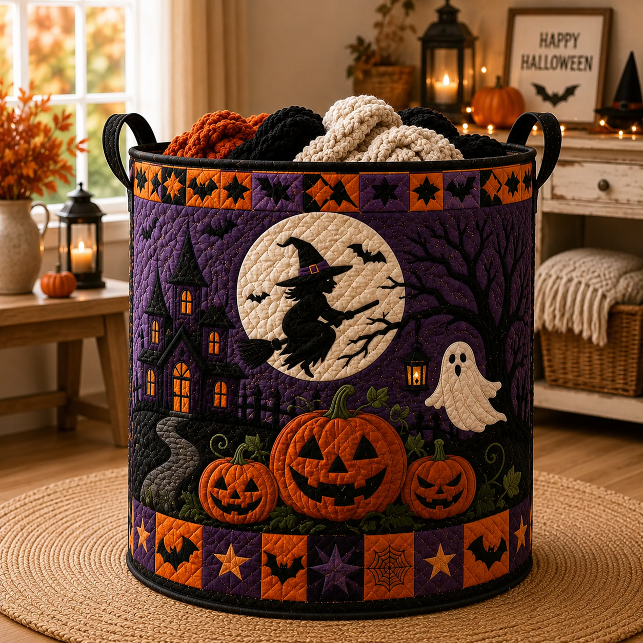 Halloween Witch Quilted Laundry Basket, Pumpkin Ghost Storage Hamper, Spooky Halloween Decor Bin, Trick Or Treat Organizer. HLWLBPETAL7