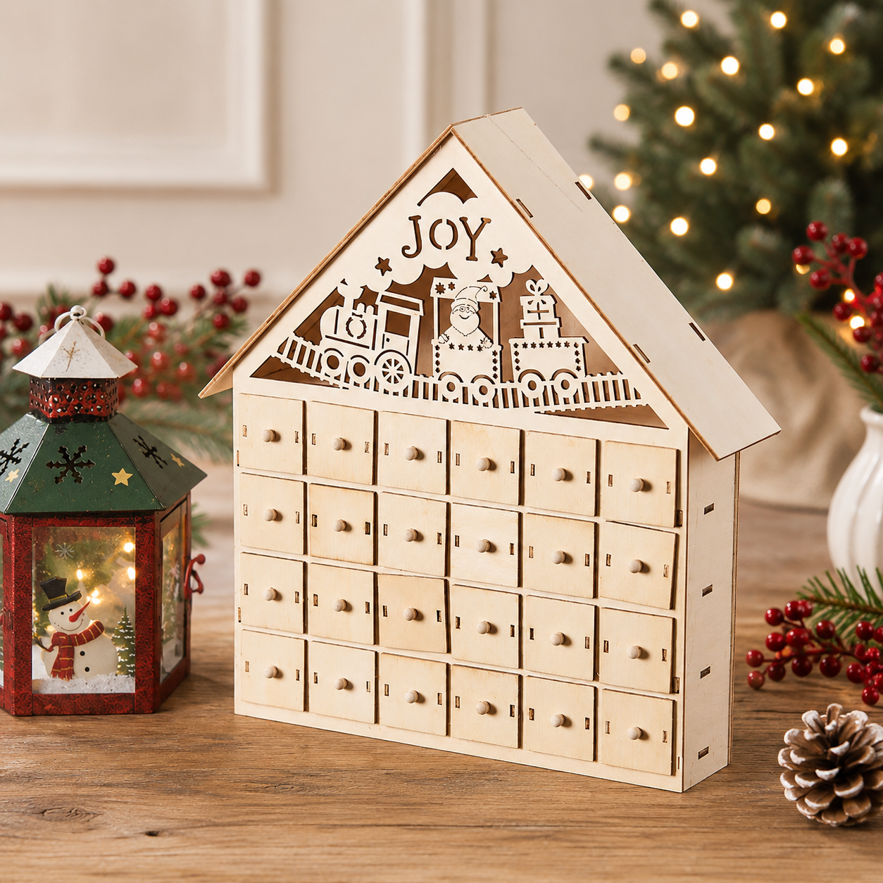 Wooden Christmas Advent Calendar House with Drawers, JOY Santa Train Holiday Countdown Decor – ACPETAL02