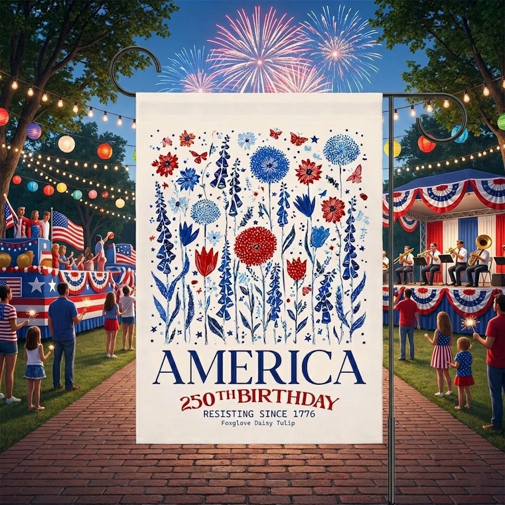 Patriotic USA Garden Flag, Anti Trump House Banner, America 250th Birthday, Subtle F Trump, Semiquincentennial, Foxglove Daisy Tulip. GFPETAL01