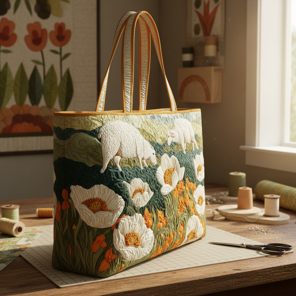 Sheep Quilted Tote Bag, Floral Farmhouse Travel Shoulder Bag, Cottagecore Market Bag, Cute Lamb Lover Gift for Women
