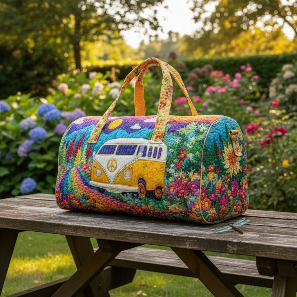 Colorful Camper Van Quilted Duffle Bag – Boho Floral Travel Weekender Tote, Hippie Rainbow Overnight Bag, Cute Summer Duffel Gift for Women