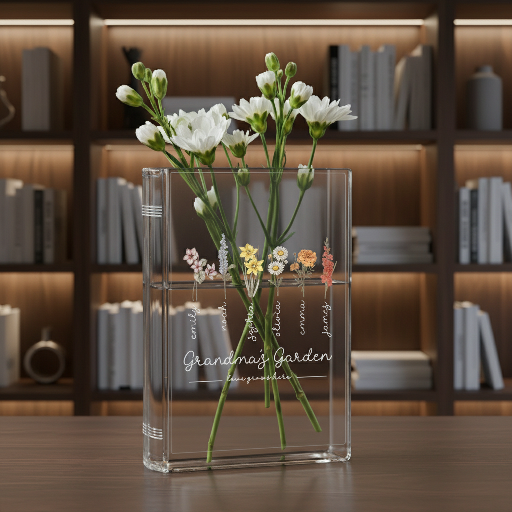 Grandma's Garden Book Vase – Personalized Birth Flower Decor for Grandma, Perfect Mother's Day & Christmas Gift