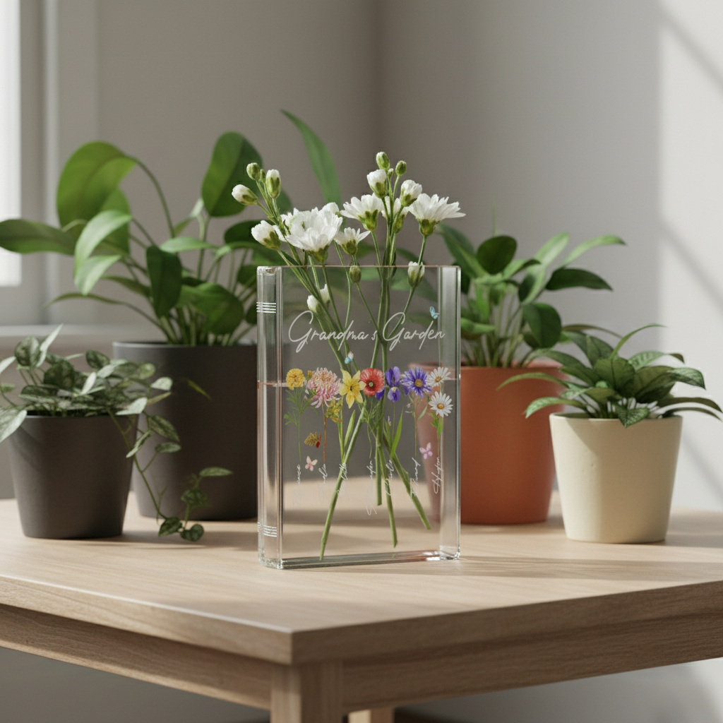 Personalized Grandma's Garden Birth Month Flower Book Vase – Custom Gift with Grandkids’ Names, Meaningful Mother’s Day Gift for Grandma
