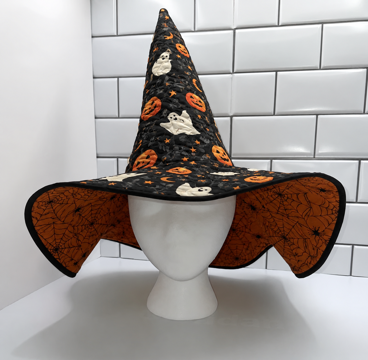Halloween Quilted Witch Hat for Women – Black Pumpkin Ghost Witch Costume Hat with Orange Spiderweb Lining. QWHPETAL3