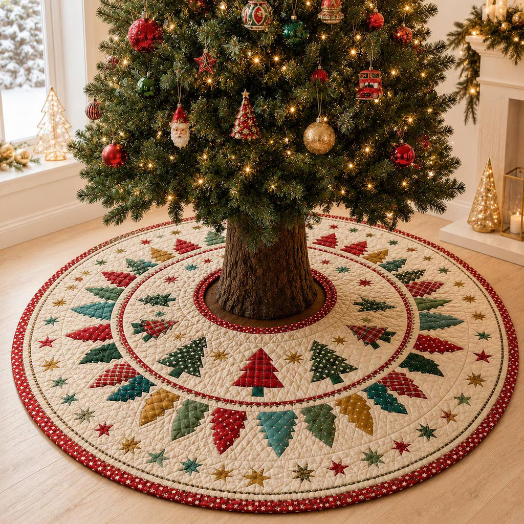 Quilted Christmas Tree Skirt, Patchwork Pine Tree Skirt, Farmhouse Holiday Decor, Rustic Christmas Tree Mat. CTSPETAL14