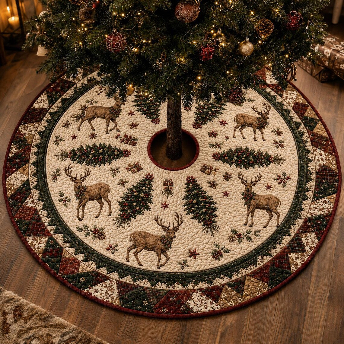 Deer and Pine Tree Decor, Reindeer Christmas Tree Skirt, Quilt Style Woodland Holiday Tree Mat, Rustic Farmhouse Christmas Decor. CTSPETAL02