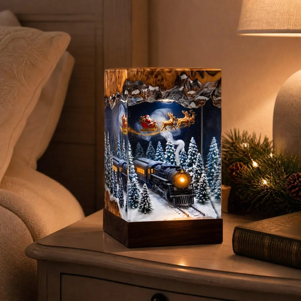Christmas Train Resin Night Light – Santa, Sleigh, Snowy Trees (Plug-in). RLPETAL10