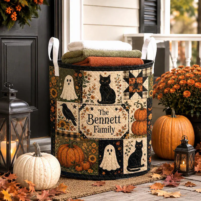 Personalized Halloween Quilt Laundry Basket, Quilted Laundry Hamper Pumpkin Ghost Cat Home Decor Basket Custom Family Name Fall Storage Bin LBPETAL145