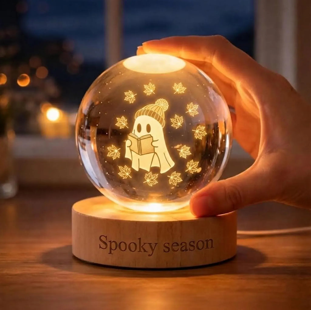 Spooky Season Ghost Lamp, 3D Engraved Bookish Ghost Crystal Sphere, Cozy Fall Room Decor, Halloween Bookworm Gift, Autumn Leaves Night Light. LEDPETAL19