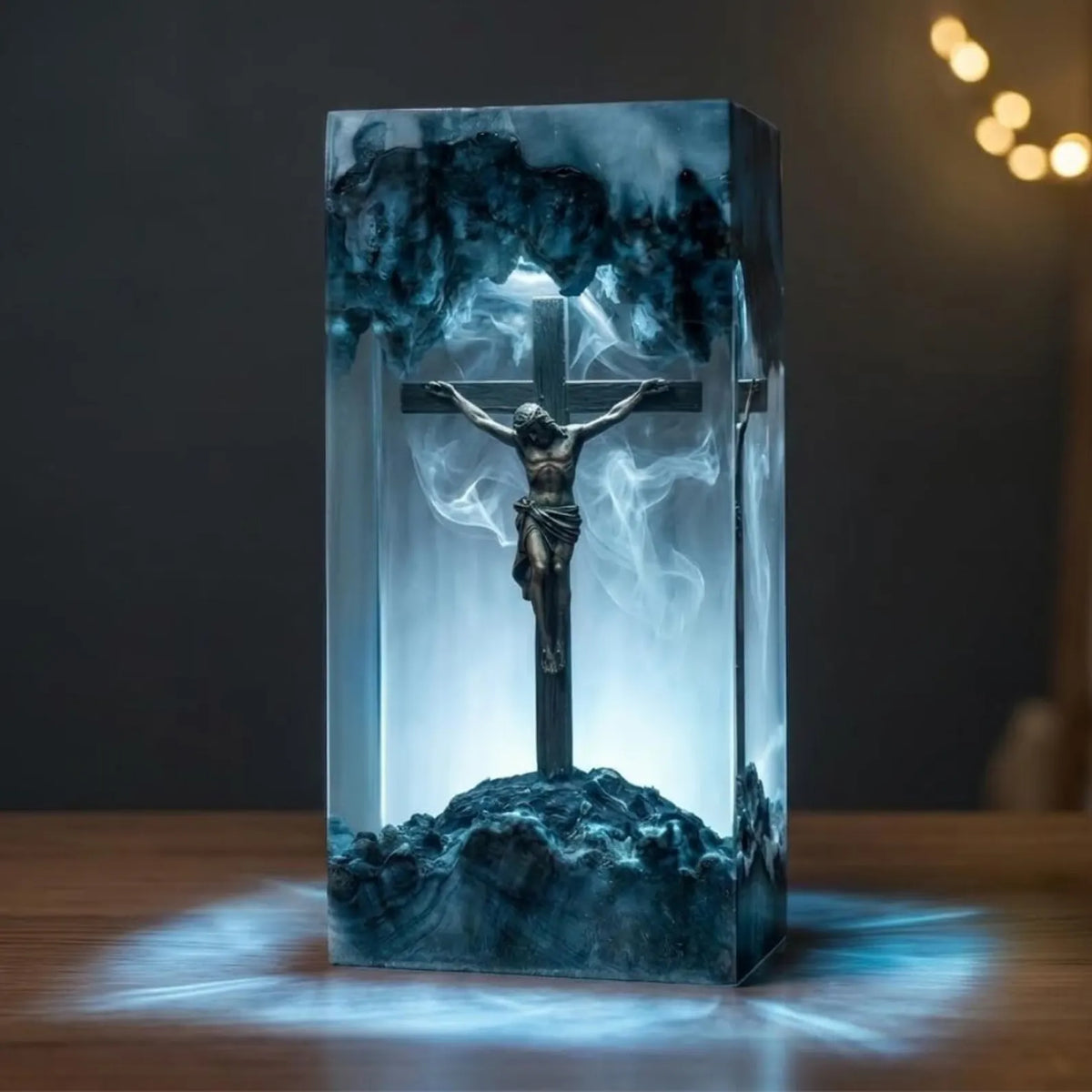 Jesus Crucifixion Resin Lamp, Christian Home Decor Night Light, Religious Easter Gift, Spiritual Wood Epoxy Lamp, Baptism Gift. RLPETAL21