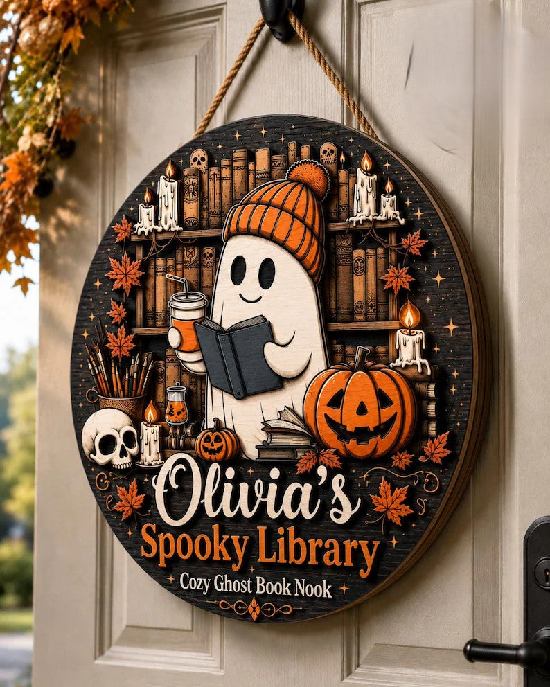 Personalized Spooky Library Wooden Door Sign, Cozy Ghost Book Nook Wall Decor, Custom Name Halloween Book Lover Witchy Home Hanging Sign. HLWDHPETAL09
