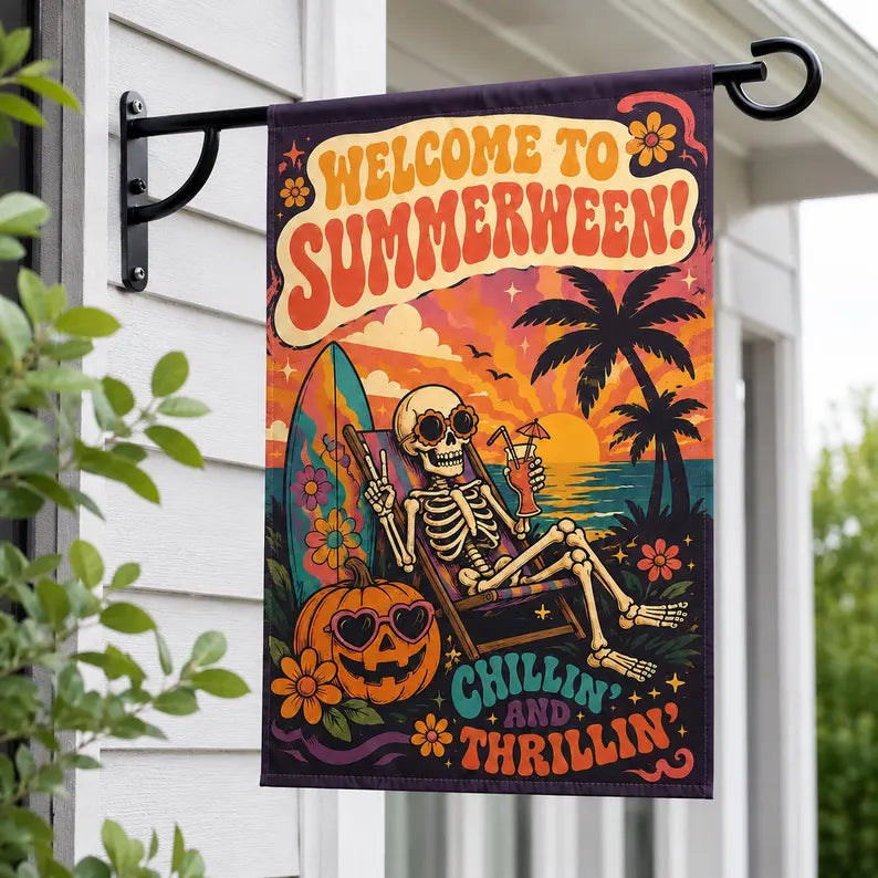 Summerween Garden Flag, Skeleton Halloween Beach Flag, Tropical Halloween Decor, Spooky Summer Yard Flag, Pumpkin Flag. HLWGFPETAL6