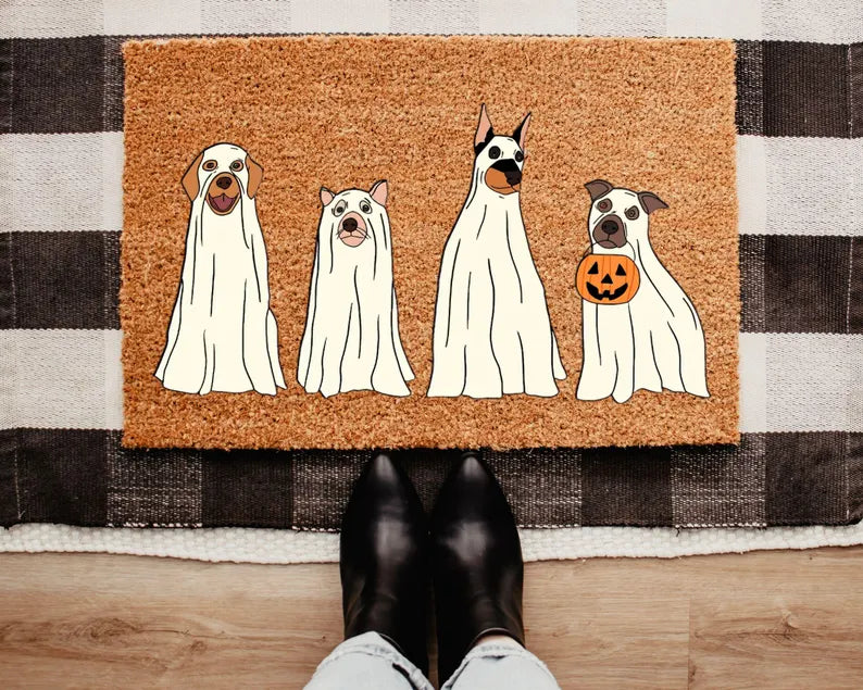Ghost Dog Doormat, Funny Halloween Dog Doormat, Spooky Pet Welcome Mat, Dog Lover Gift, Halloween Decor, Coir Door Mat. DMPETAL6