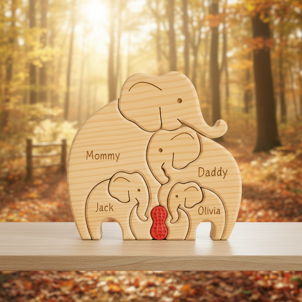 Personalized Wooden Elephant Family Decor, Custom Name Carved Wood Sign, Family Gift with Red Heart, Home Shelf Decor
