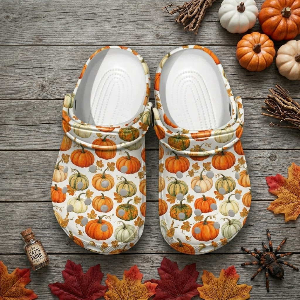 Halloween Pumpkin Clogs – Cute Fall Harvest Slip-On Shoes with Autumn Pumpkin Print, Spooky Season Comfort Clogs for Women, Men & Kids. CLPETAL13