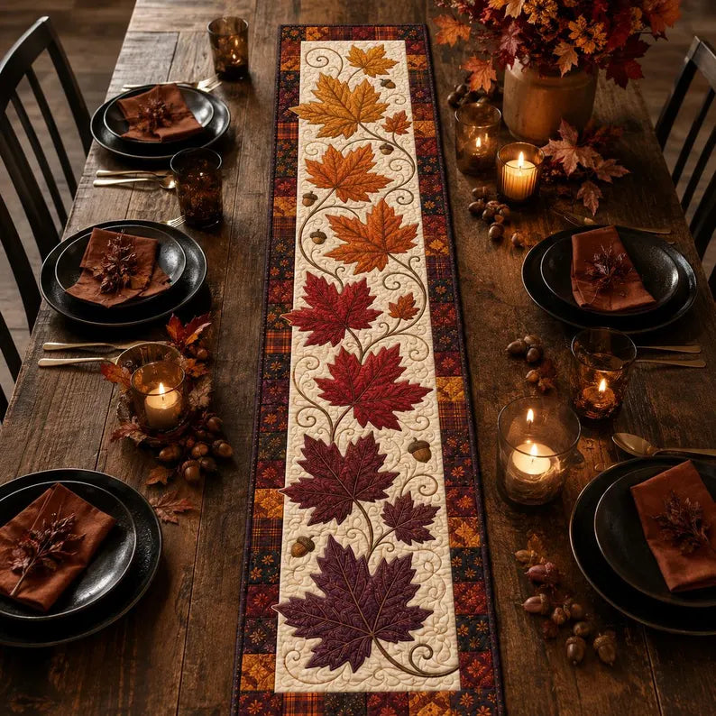 Maple Leaf Fall Table Runner, Quilted Autumn Leaves Table Runner, Thanksgiving Harvest Dining Table Decor, Rustic Farmhouse Home Gift. QTRPETAL11