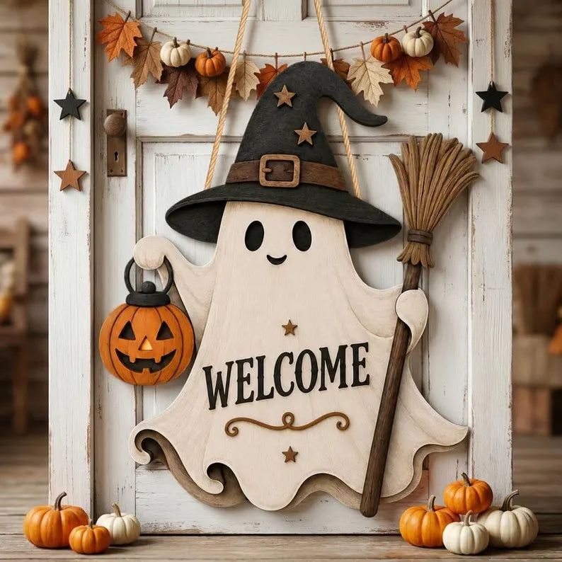 Ghost Welcome Door Hanger, Cute Halloween Ghost Sign, Witch Hat Decor, Wooden Halloween Door Sign. HLWDHPETAL02