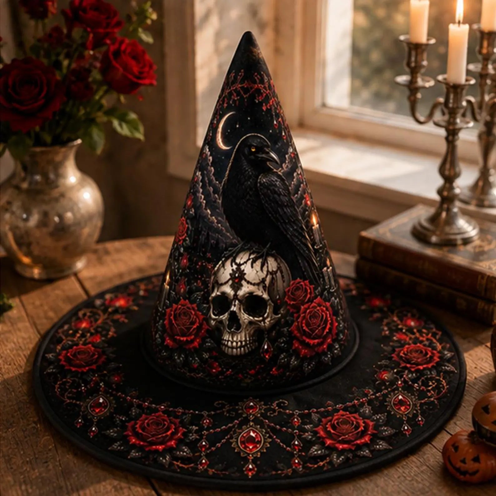 Halloween Quilted Witch Hat Gothic Raven Black Raven Skul Dark Rose Cosplay Hat. QWHPETAL23